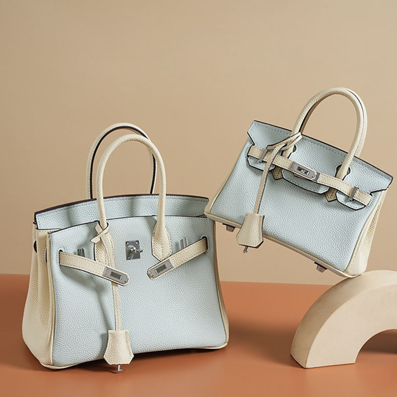 Women's Light Blue Full-Grain Leather Color-Block Top Handle Bag with Silver Hardware