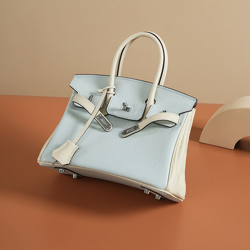 Women's Light Blue Full-Grain Leather Color-Block Top Handle Bag with Silver Hardware