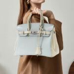 Women's Light Blue Full-Grain Leather Color-Block Top Handle Bag with Silver Hardware