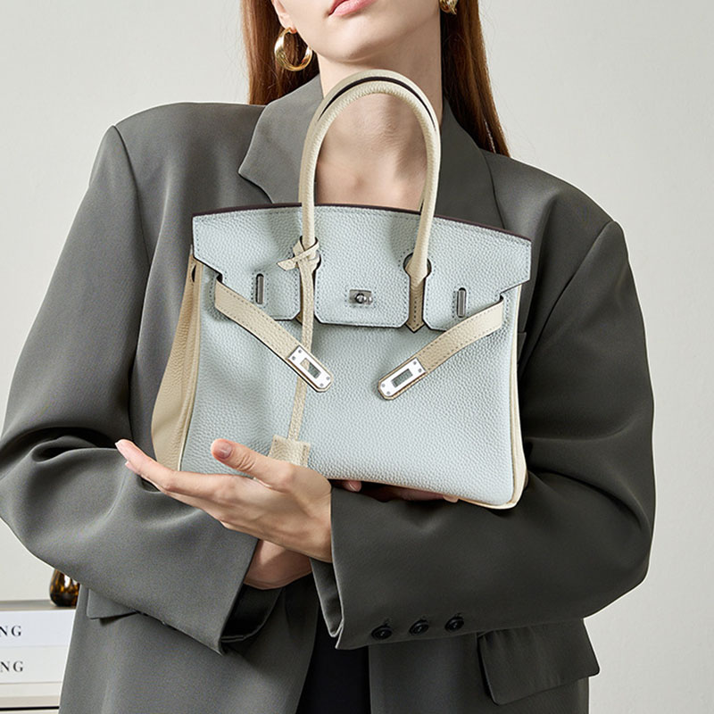Women's Light Blue Full-Grain Leather Color-Block Top Handle Bag with Silver Hardware