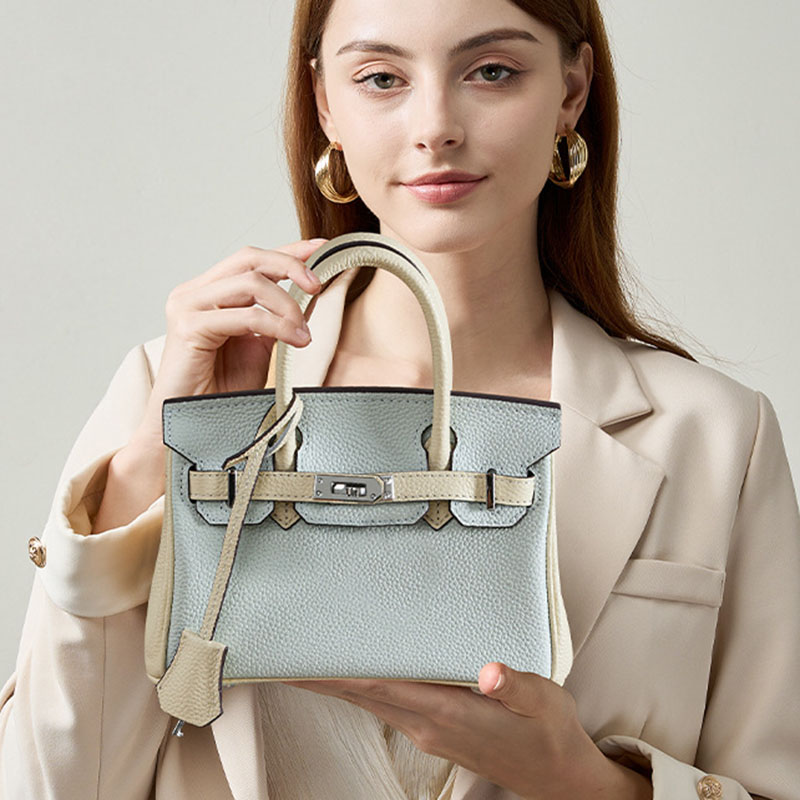 Women's Light Blue Full-Grain Leather Color-Block Top Handle Bag with Silver Hardware