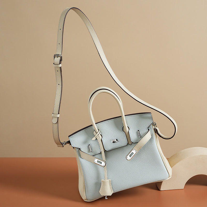 Women's Light Blue Full-Grain Leather Color-Block Top Handle Bag with Silver Hardware