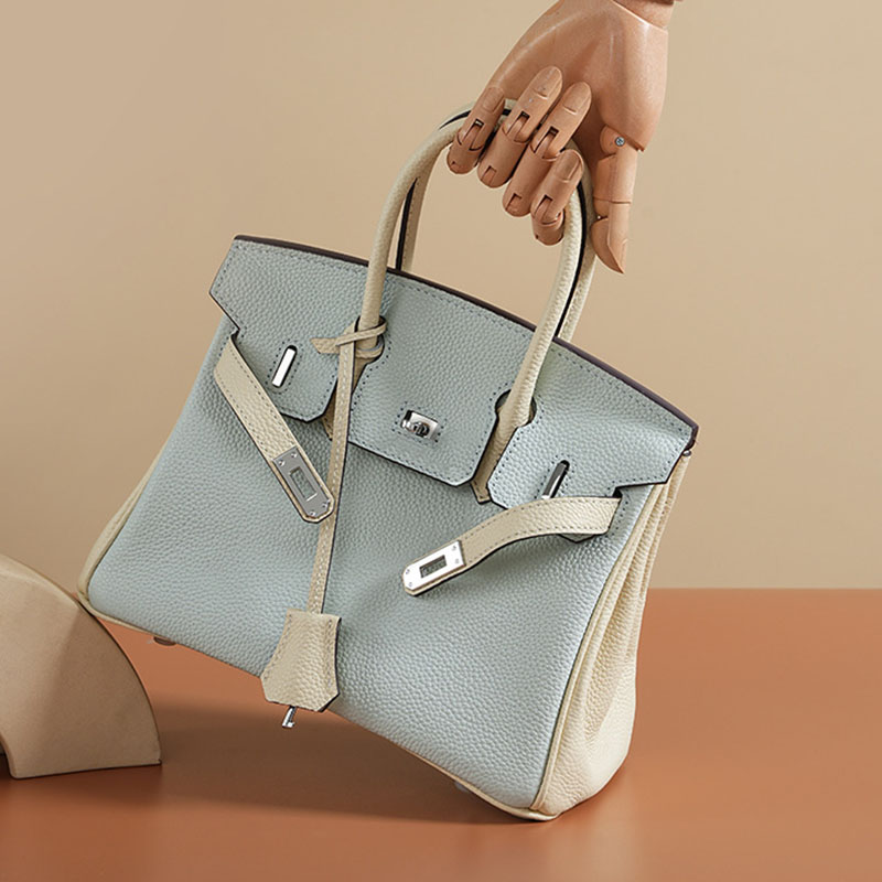 Women's Light Blue Full-Grain Leather Color-Block Top Handle Bag with Silver Hardware