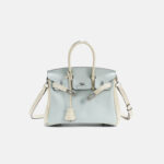 Women's Light Blue Full-Grain Leather Color-Block Top Handle Bag with Silver Hardware