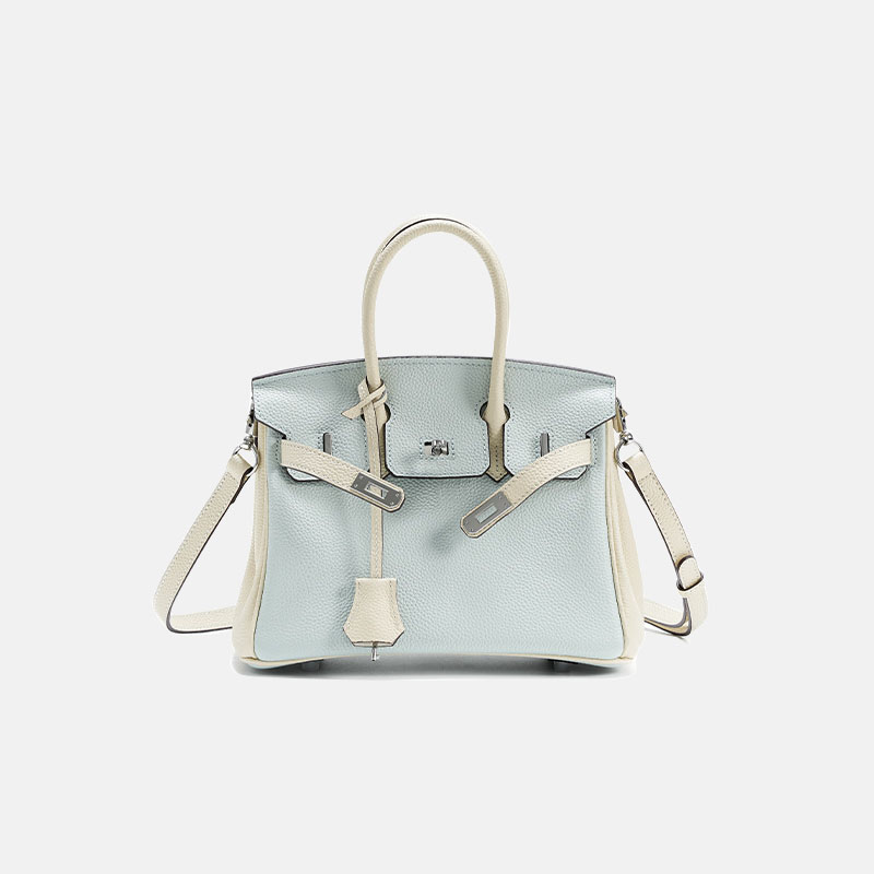 Women's Light Blue Full-Grain Leather Color-Block Top Handle Bag with Silver Hardware