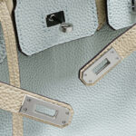 Women's Light Blue Full-Grain Leather Color-Block Top Handle Bag with Silver Hardware