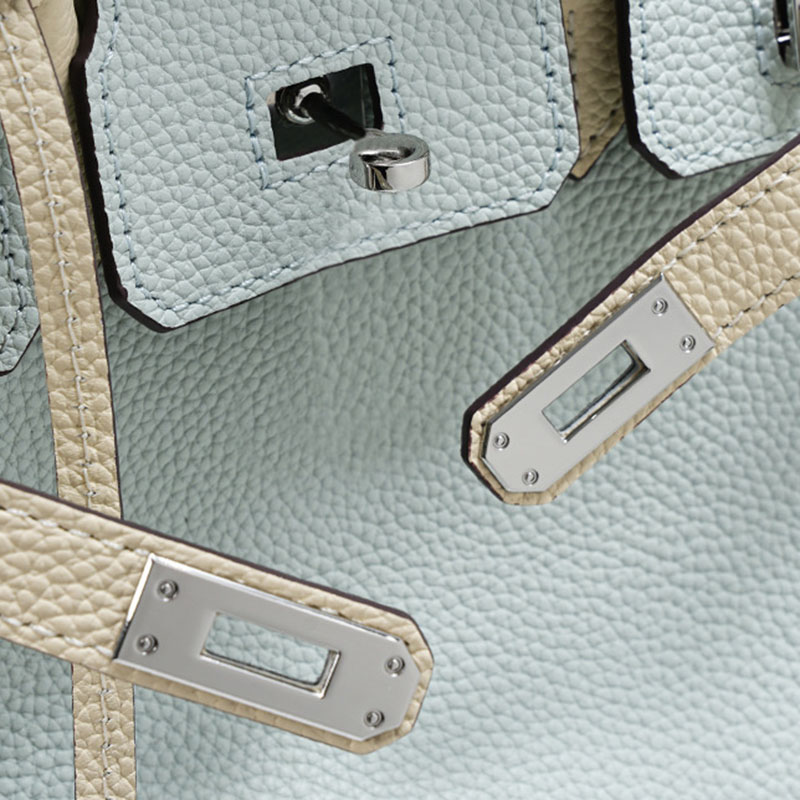 Women's Light Blue Full-Grain Leather Color-Block Top Handle Bag with Silver Hardware