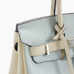 Women's Light Blue Full-Grain Leather Color-Block Top Handle Bag with Silver Hardware