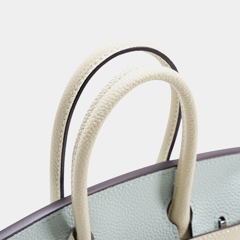 Women's Light Blue Full-Grain Leather Color-Block Top Handle Bag with Silver Hardware