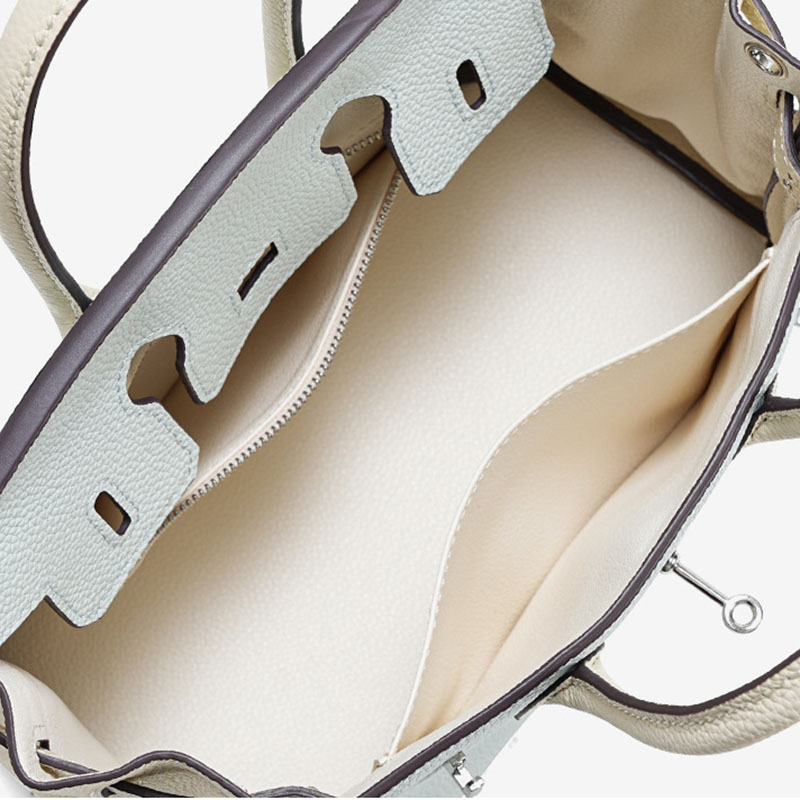 Women's Light Blue Full-Grain Leather Color-Block Top Handle Bag with Silver Hardware