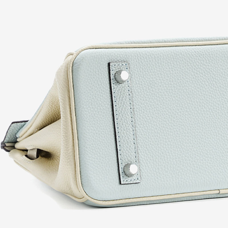 Women's Light Blue Full-Grain Leather Color-Block Top Handle Bag with Silver Hardware