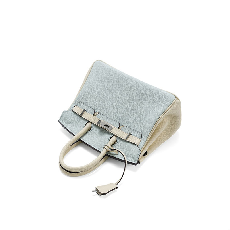 Women's Light Blue Full-Grain Leather Color-Block Top Handle Bag with Silver Hardware