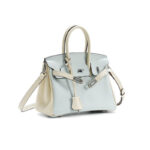Women's Light Blue Full-Grain Leather Color-Block Top Handle Bag with Silver Hardware