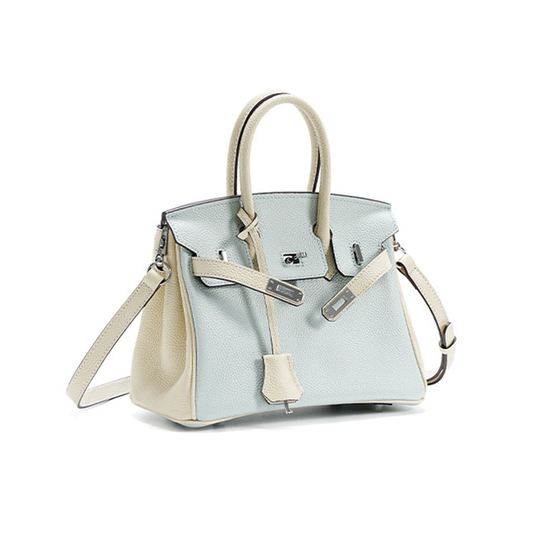 Women's Light Blue Full-Grain Leather Color-Block Top Handle Bag with Silver Hardware