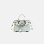 Women's Light Blue Full-Grain Leather Color-Block Top Handle Bag with Silver Hardware