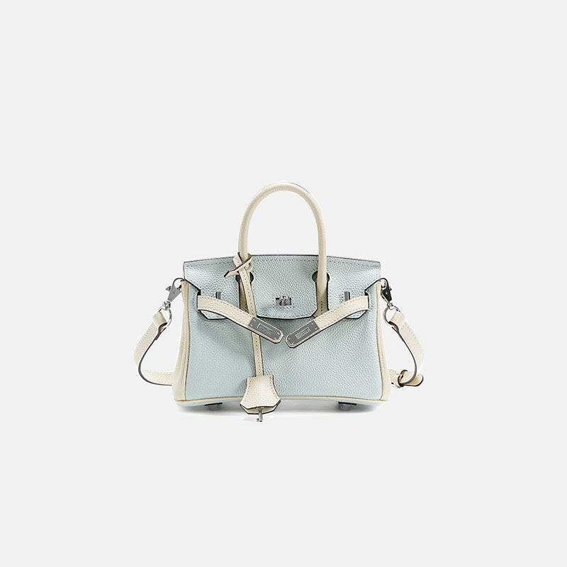 Women's Light Blue Full-Grain Leather Color-Block Top Handle Bag with Silver Hardware