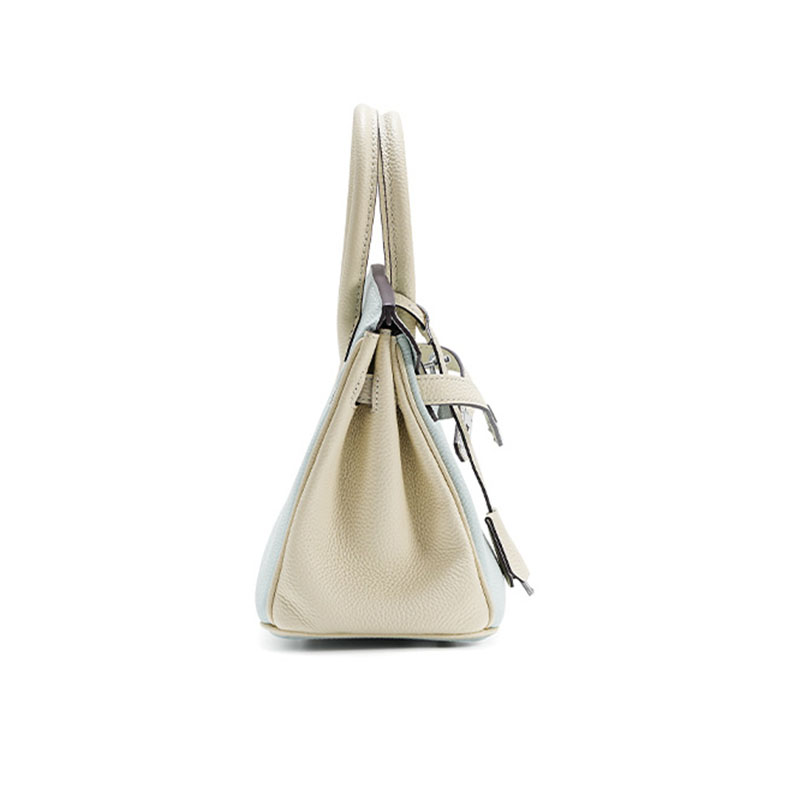 Women's Light Blue Full-Grain Leather Color-Block Top Handle Bag with Silver Hardware
