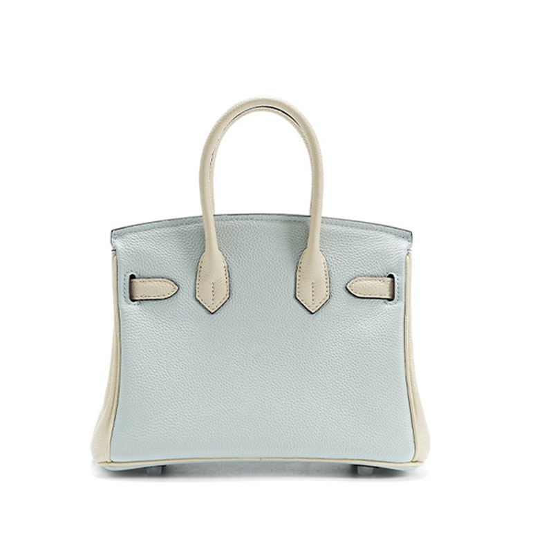 Women's Light Blue Full-Grain Leather Color-Block Top Handle Bag with Silver Hardware
