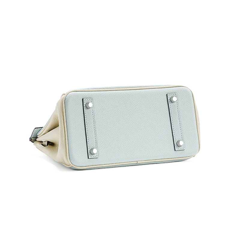 Women's Light Blue Full-Grain Leather Color-Block Top Handle Bag with Silver Hardware