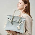 Women's Light Blue Full-Grain Leather Color-Block Top Handle Bag with Silver Hardware