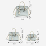 Women's Light Blue Full-Grain Leather Color-Block Top Handle Bag with Silver Hardware