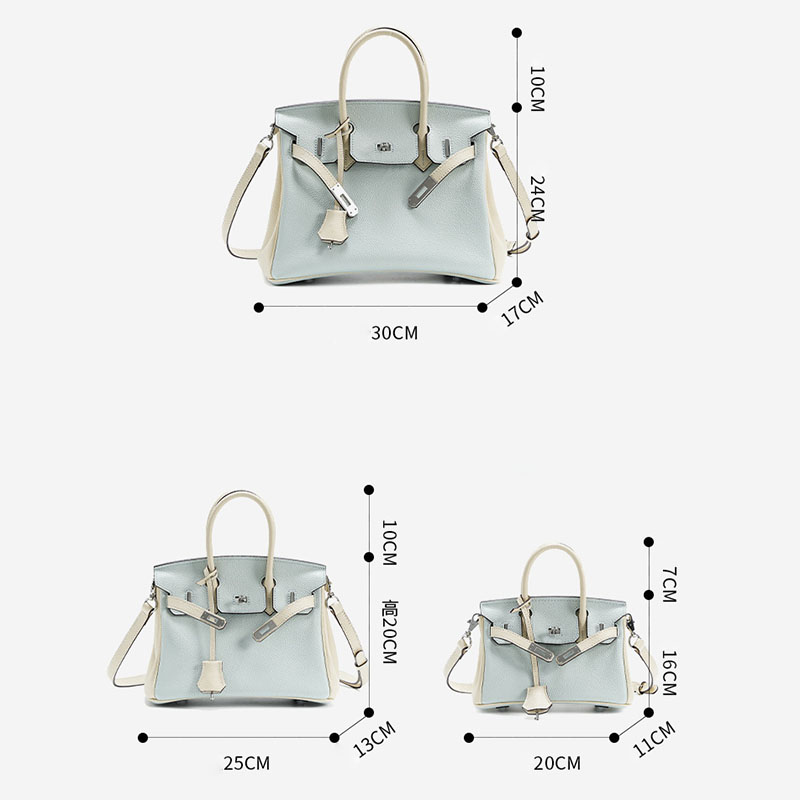 Women's Light Blue Full-Grain Leather Color-Block Top Handle Bag with Silver Hardware
