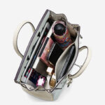 Women's Light Blue Full-Grain Leather Color-Block Top Handle Bag with Silver Hardware
