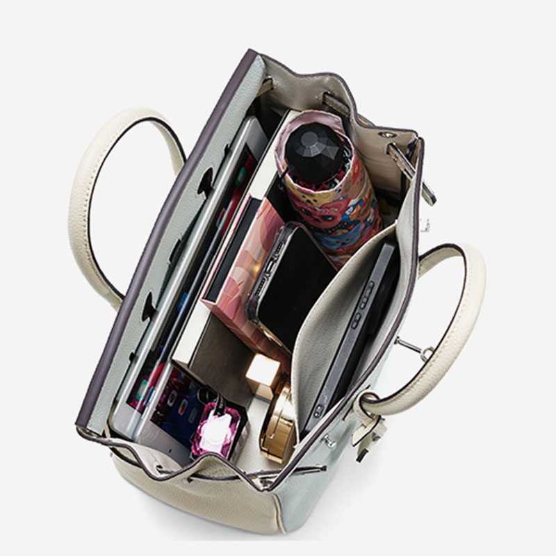 Women's Light Blue Full-Grain Leather Color-Block Top Handle Bag with Silver Hardware