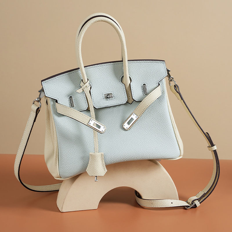 Women's Light Blue Full-Grain Leather Color-Block Top Handle Bag with Silver Hardware