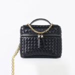 Women's Mini Woven Split Leather Zipper-Closed Box Top Handle Bag with Chain Crossbody Strap