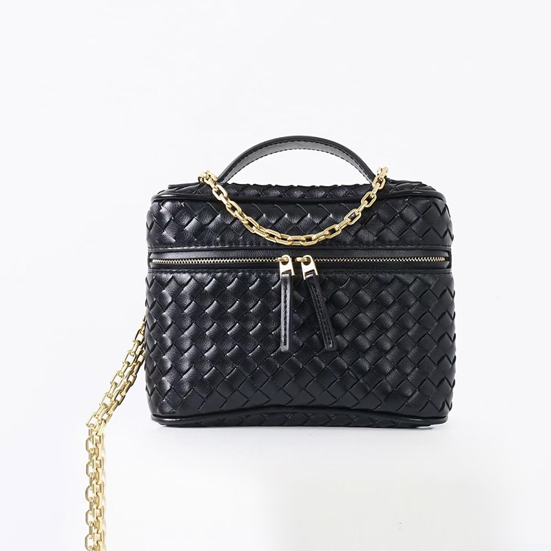 Women's Mini Woven Split Leather Zipper-Closed Box Top Handle Bag with Chain Crossbody Strap