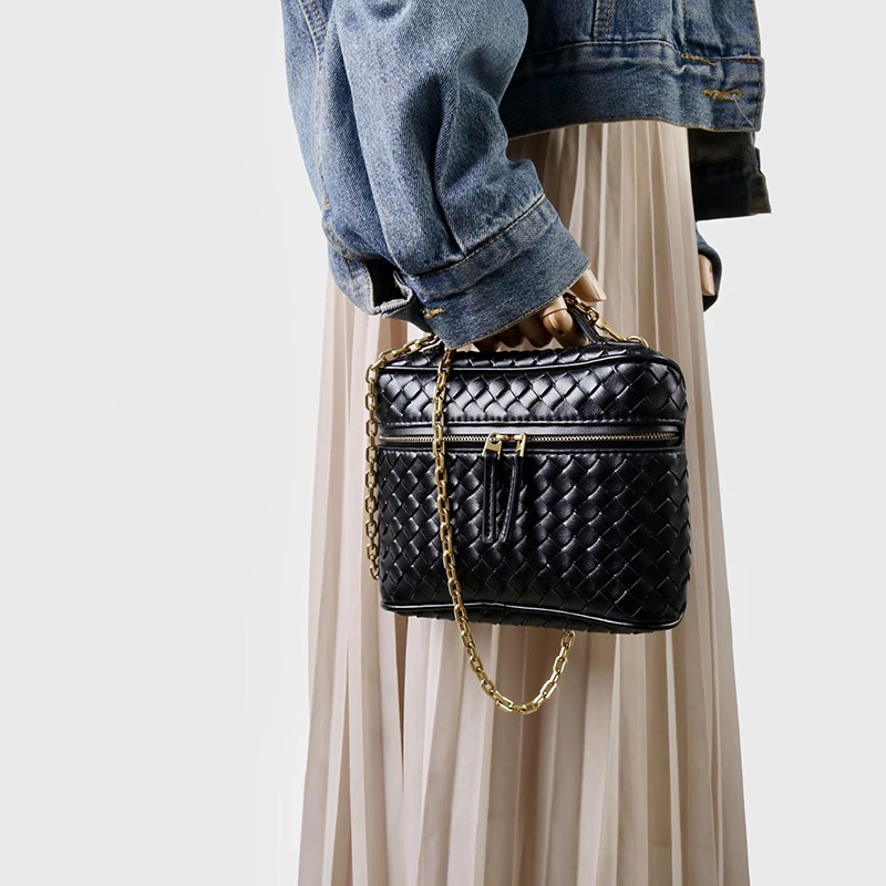 Women's Mini Woven Split Leather Zipper-Closed Box Top Handle Bag with Chain Crossbody Strap
