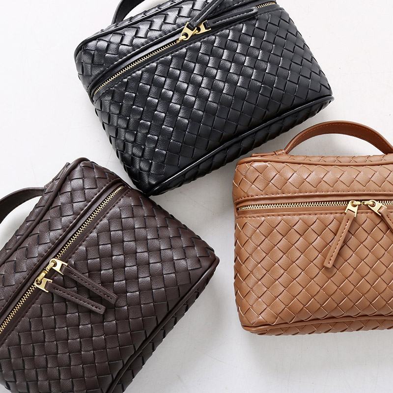 Women's Mini Woven Split Leather Zipper-Closed Box Top Handle Bag with Chain Crossbody Strap