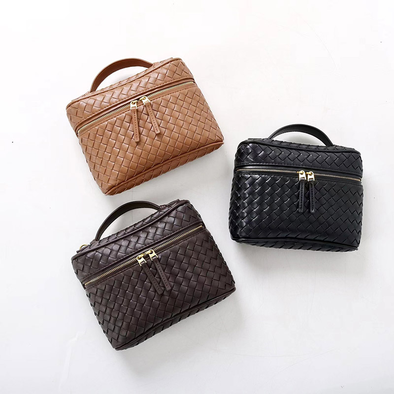 Women's Mini Woven Split Leather Zipper-Closed Box Top Handle Bag with Chain Crossbody Strap