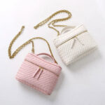 Women's Mini Woven Split Leather Zipper-Closed Box Top Handle Bag with Chain Crossbody Strap