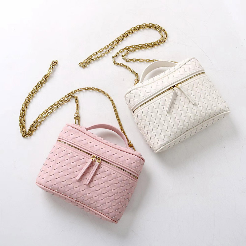 Women's Mini Woven Split Leather Zipper-Closed Box Top Handle Bag with Chain Crossbody Strap