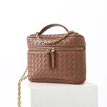 Women's Mini Woven Split Leather Zipper-Closed Box Top Handle Bag with Chain Crossbody Strap