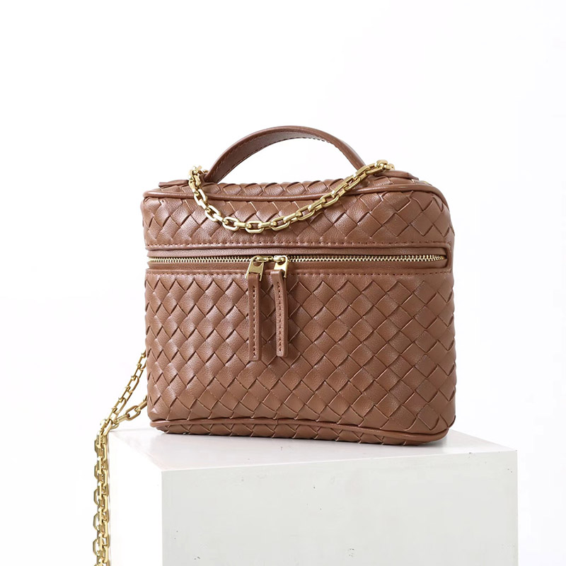 Women's Mini Woven Split Leather Zipper-Closed Box Top Handle Bag with Chain Crossbody Strap