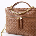 Women's Mini Woven Split Leather Zipper-Closed Box Top Handle Bag with Chain Crossbody Strap
