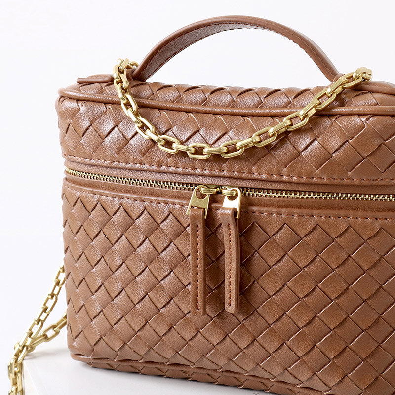 Women's Mini Woven Split Leather Zipper-Closed Box Top Handle Bag with Chain Crossbody Strap