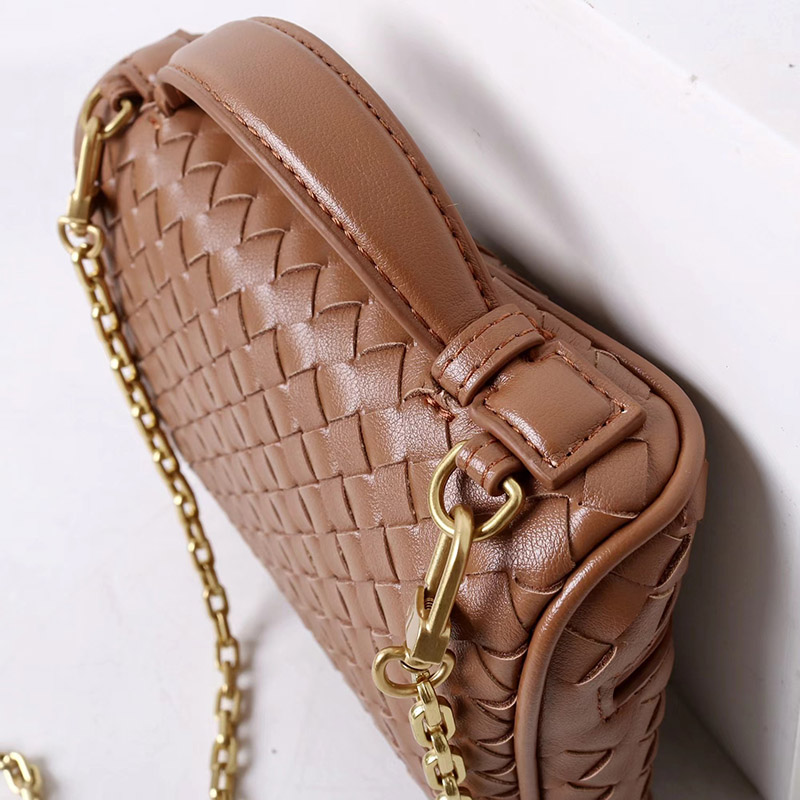 Women's Mini Woven Split Leather Zipper-Closed Box Top Handle Bag with Chain Crossbody Strap