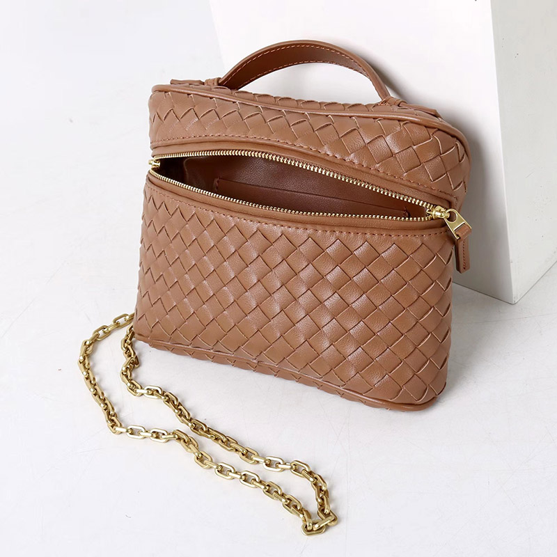 Women's Mini Woven Split Leather Zipper-Closed Box Top Handle Bag with Chain Crossbody Strap