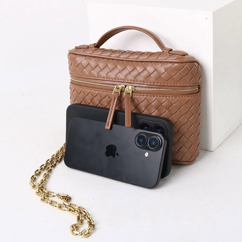 Women's Mini Woven Split Leather Zipper-Closed Box Top Handle Bag with Chain Crossbody Strap