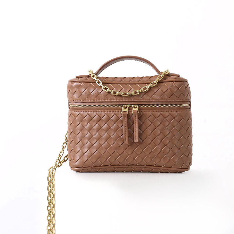 Women's Mini Woven Split Leather Zipper-Closed Box Top Handle Bag with Chain Crossbody Strap