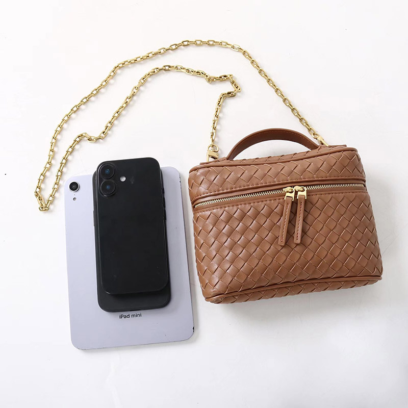 Women's Mini Woven Split Leather Zipper-Closed Box Top Handle Bag with Chain Crossbody Strap