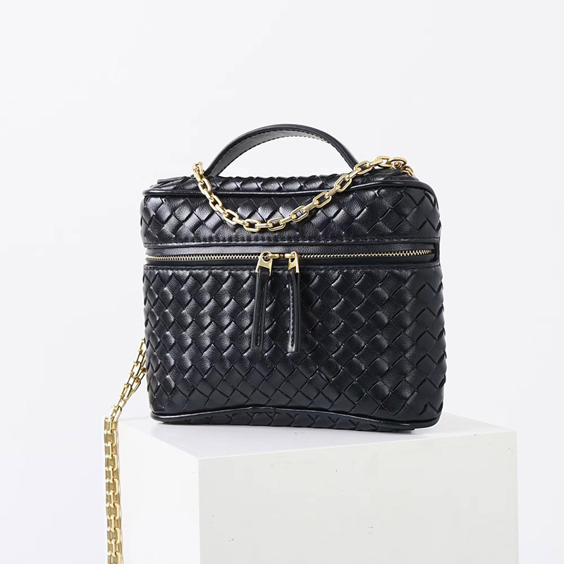 Women's Mini Woven Split Leather Zipper-Closed Box Top Handle Bag with Chain Crossbody Strap