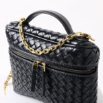Women's Mini Woven Split Leather Zipper-Closed Box Top Handle Bag with Chain Crossbody Strap