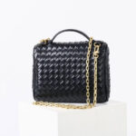 Women's Mini Woven Split Leather Zipper-Closed Box Top Handle Bag with Chain Crossbody Strap
