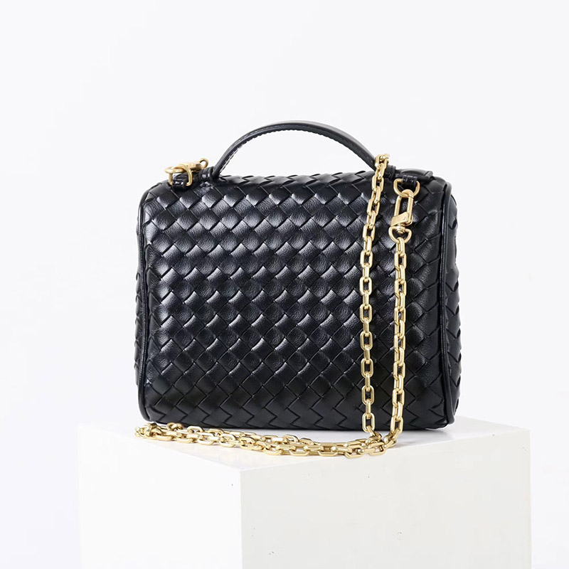 Women's Mini Woven Split Leather Zipper-Closed Box Top Handle Bag with Chain Crossbody Strap