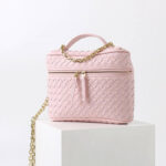 Women's Mini Woven Split Leather Zipper-Closed Box Top Handle Bag with Chain Crossbody Strap